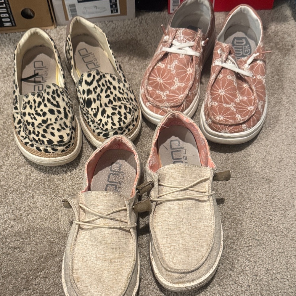 3 pairs of Women’s Hey Dudes - Leopard, Floral, and Beige